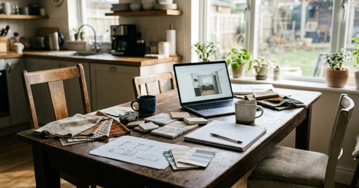 A kitchen table with an open laptop, two mugs, fabric swatches, tile samples, a floor plan and paint cards, in morning light