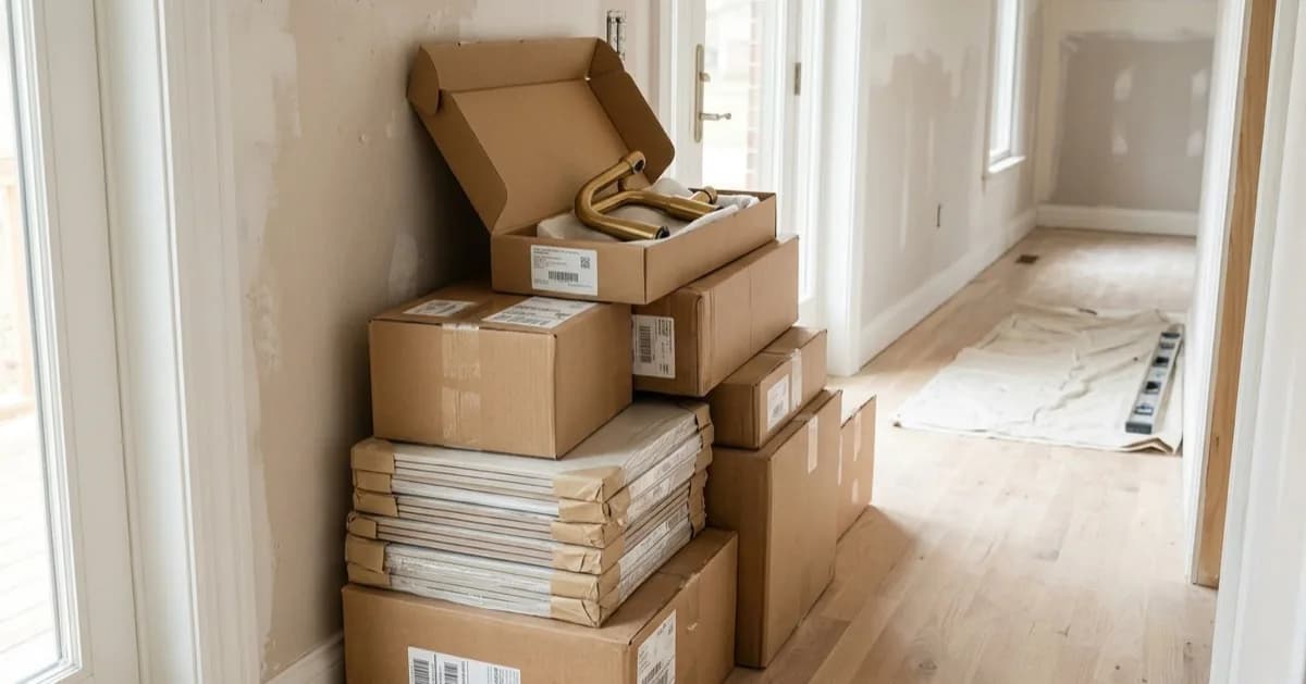 Cardboard boxes and wrapped tile stacked in a hallway, with an open box showing a brass faucet