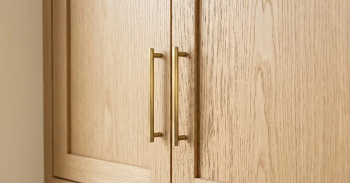 Close-up of two oak cabinet doors with slim brass bar pulls