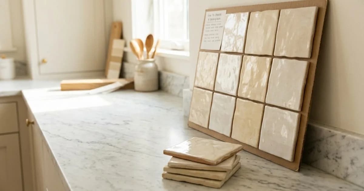 A cardboard board of handmade cream tile samples leaning on a marble kitchen counter beside a pot of wooden spoons