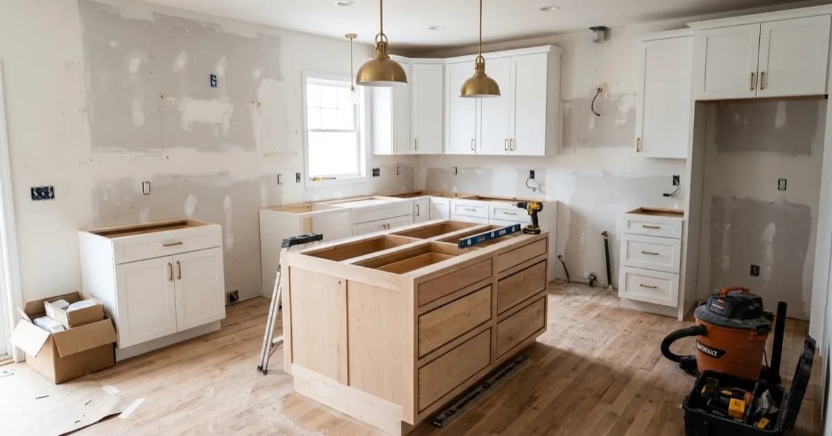 A kitchen mid-renovation with white cabinets installed, an unfinished wooden island, brass pendant lights and tools on the floor