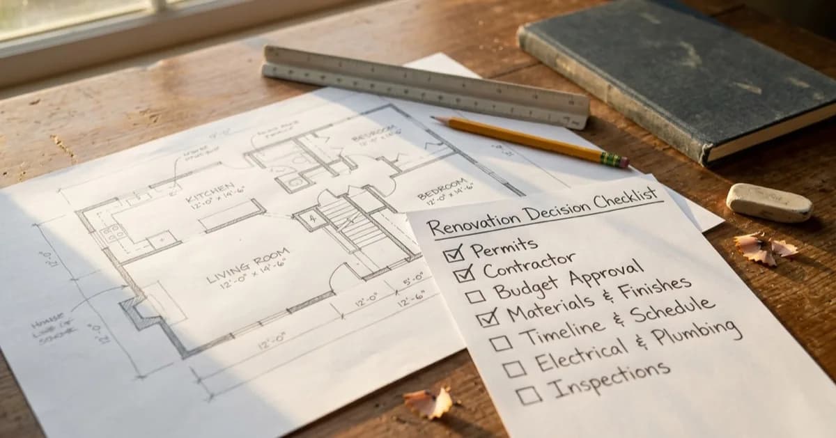 A floor plan and a handwritten renovation decision checklist on a wooden desk with a pencil and a scale ruler