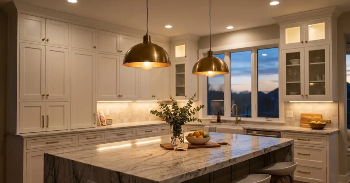 A kitchen at dusk with two brass pendant lights over a marble island, recessed ceiling lights and lit glass cabinets