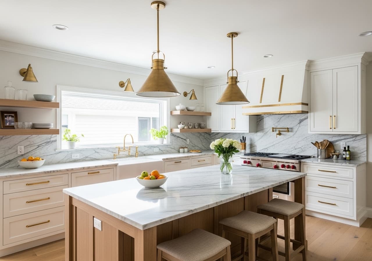 A bright renovated kitchen with warm oak cabinetry, marble counters, and brass pendant lights