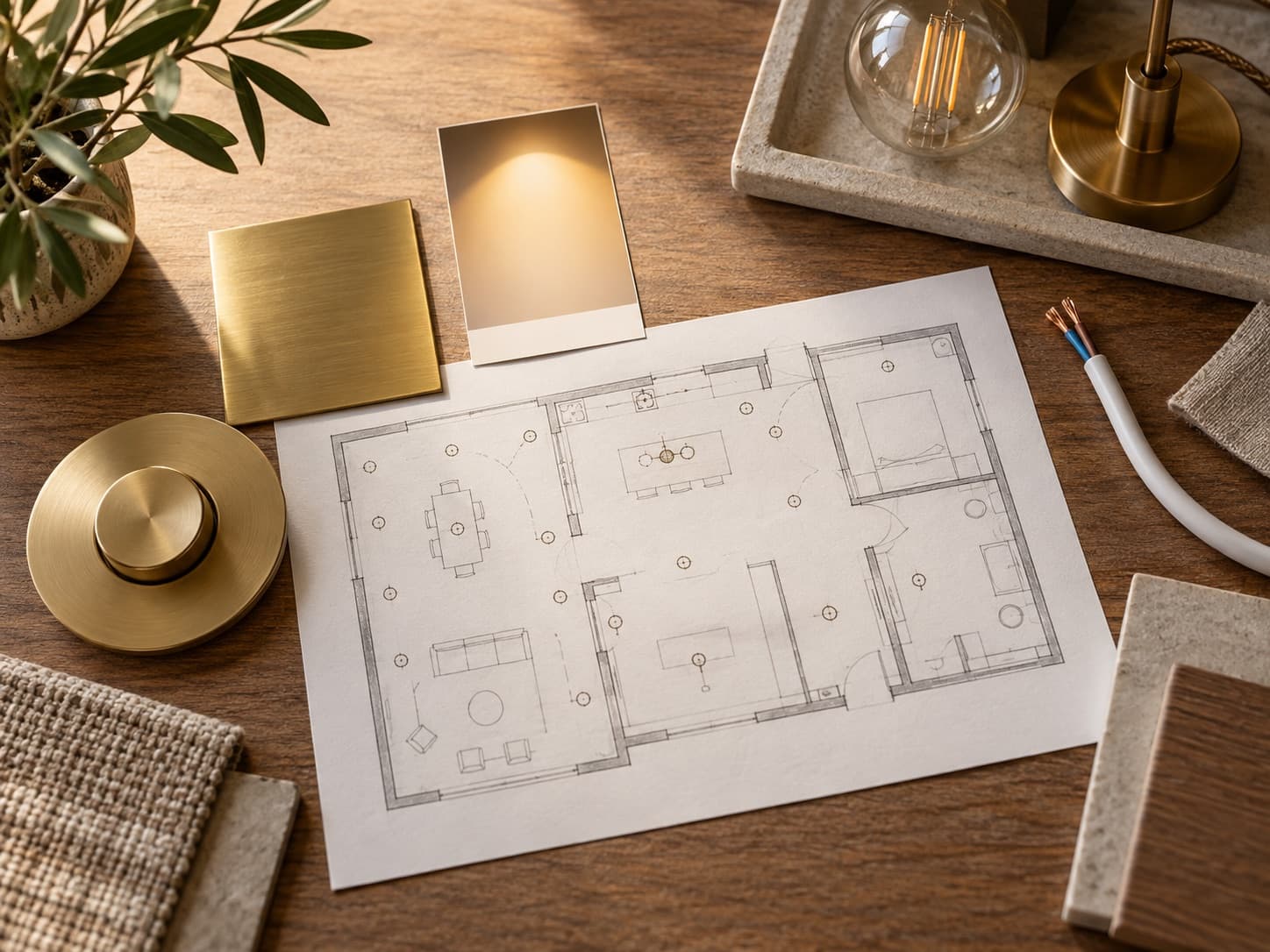 Renovation plans with brass finishes, stone samples, and warm wood