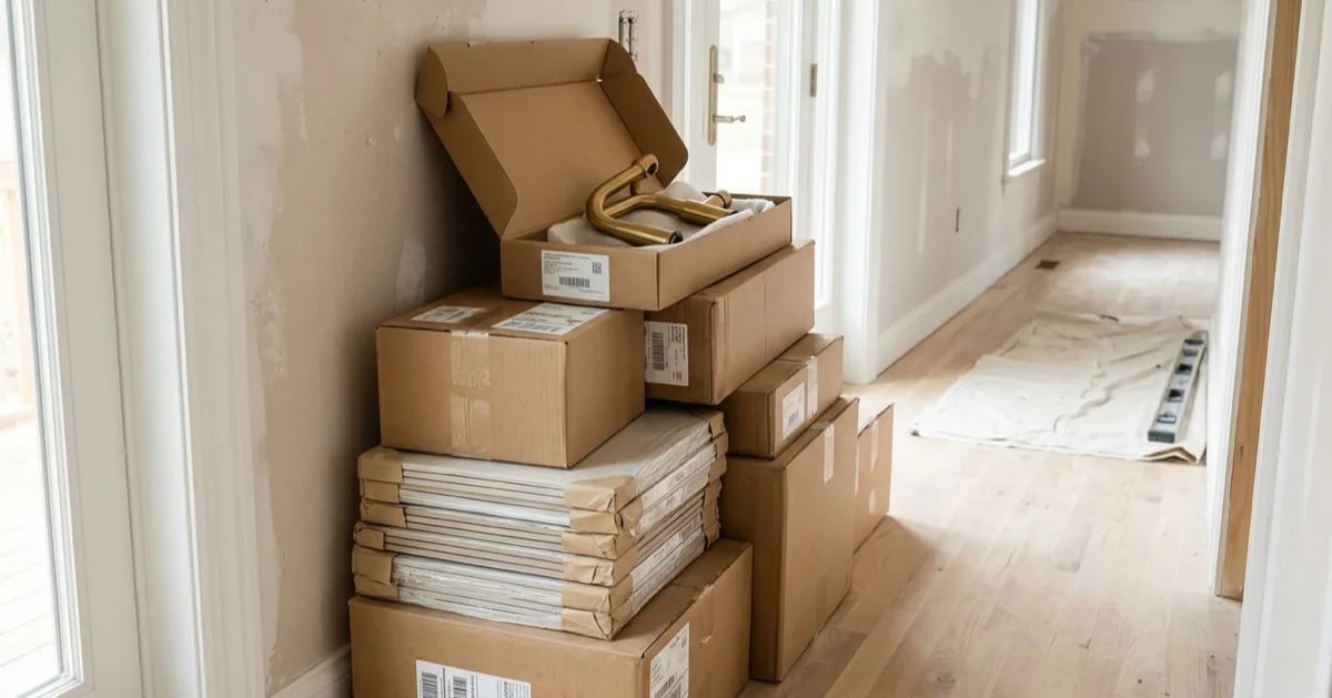 Cardboard boxes and wrapped tile stacked in a hallway, with an open box showing a brass faucet