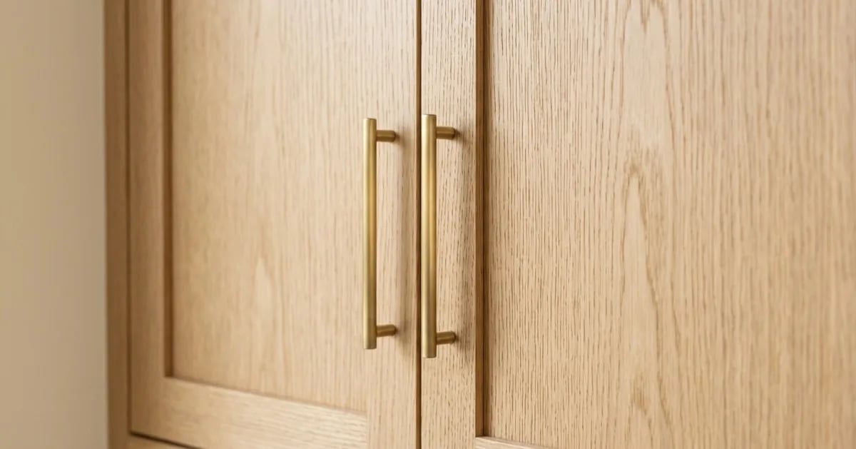 Close-up of two oak cabinet doors with slim brass bar pulls