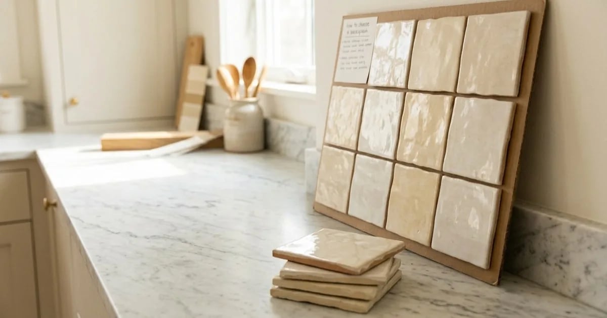 A cardboard board of handmade cream tile samples leaning on a marble kitchen counter beside a pot of wooden spoons