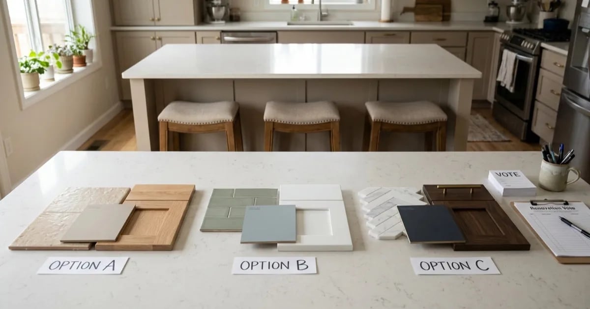 Three sets of tile, paint and cabinet door samples labeled Option A, B and C on a kitchen island, with a voting slip pad and clipboard