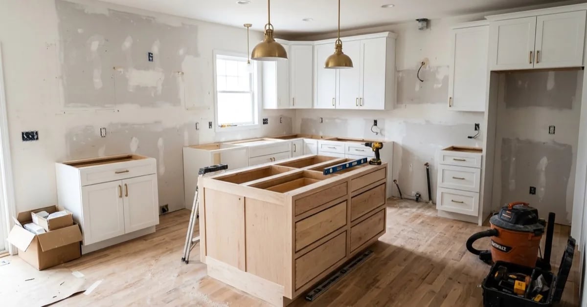 A kitchen mid-renovation with white cabinets installed, an unfinished wooden island, brass pendant lights and tools on the floor