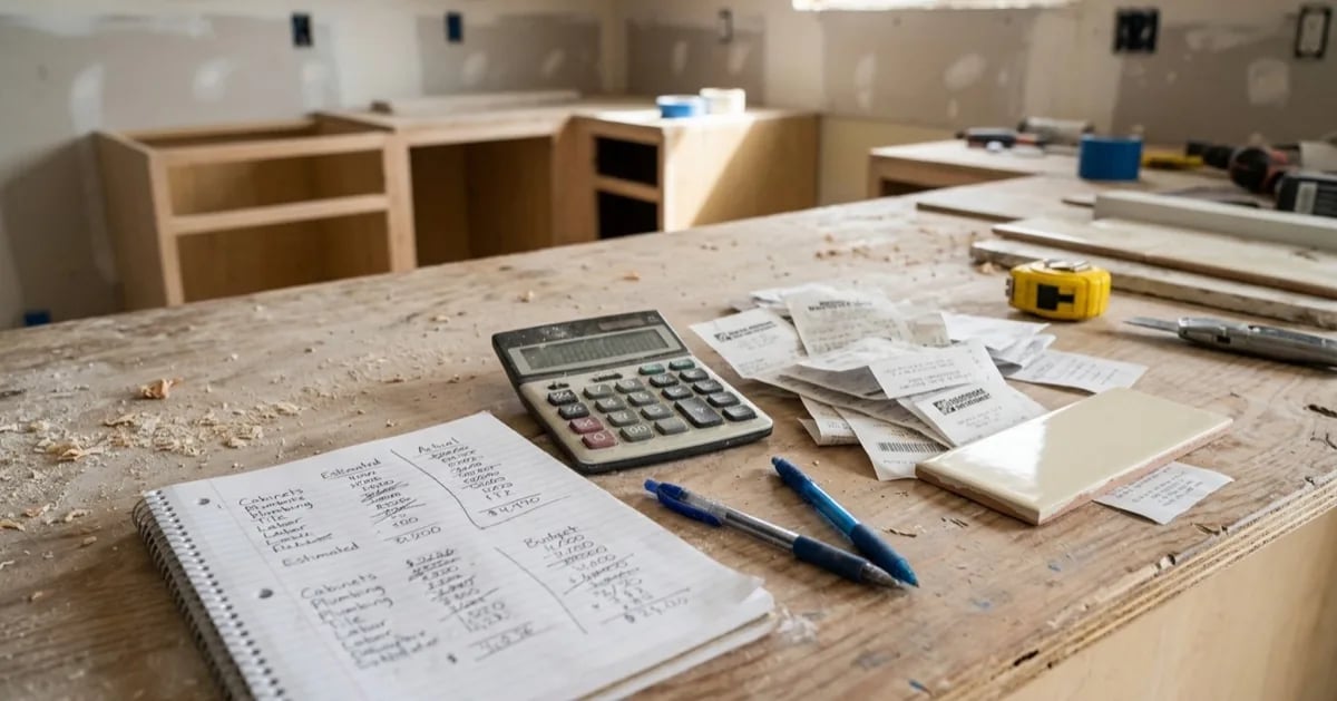 A notebook of estimated and actual costs, a calculator, receipts and a tile sample on a plywood counter in a kitchen under renovation