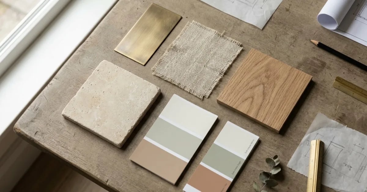 Overhead view of a brass plate, linen swatch, oak sample, stone tile and paint cards laid out on a table
