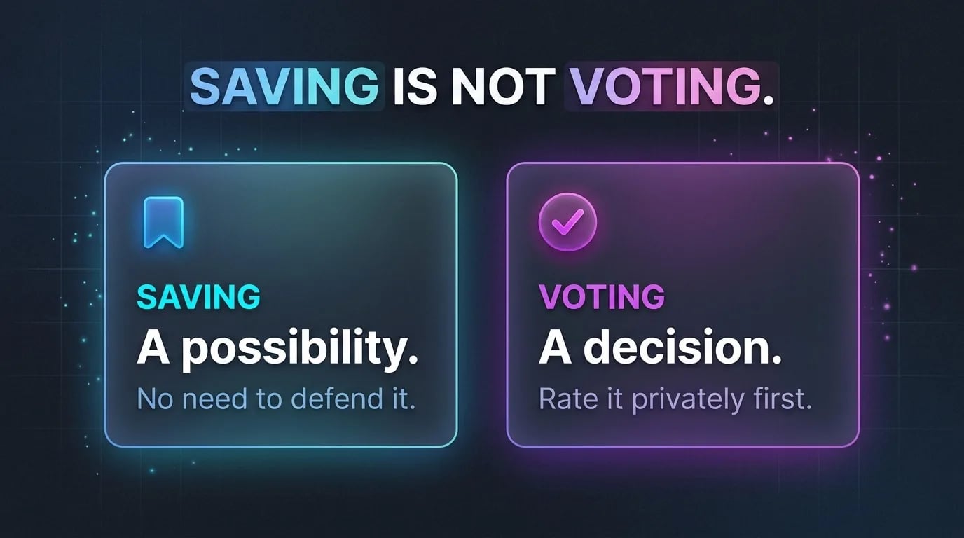 Two cards on a dark background: 'Saving: a possibility, no need to defend it' and 'Voting: a decision, rate it privately first'