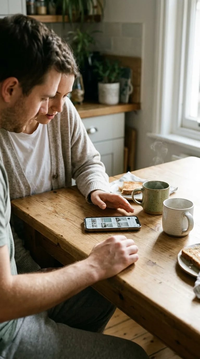 A couple at a wooden kitchen table looking at a shortlist of ideas on a phone, with tea and toast beside it