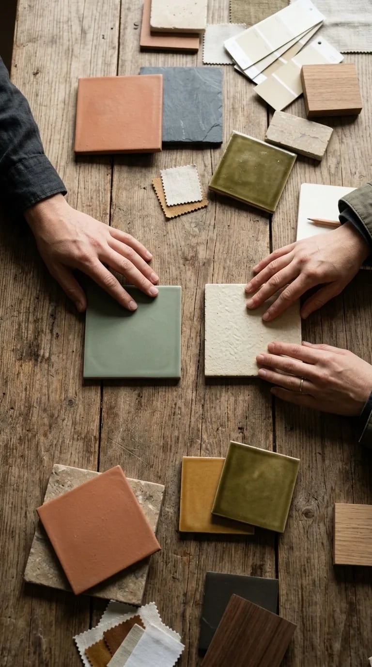 Overhead view of two people's hands each resting on a different tile sample, a sage-green one and a cream one, among other material samples on a wooden table