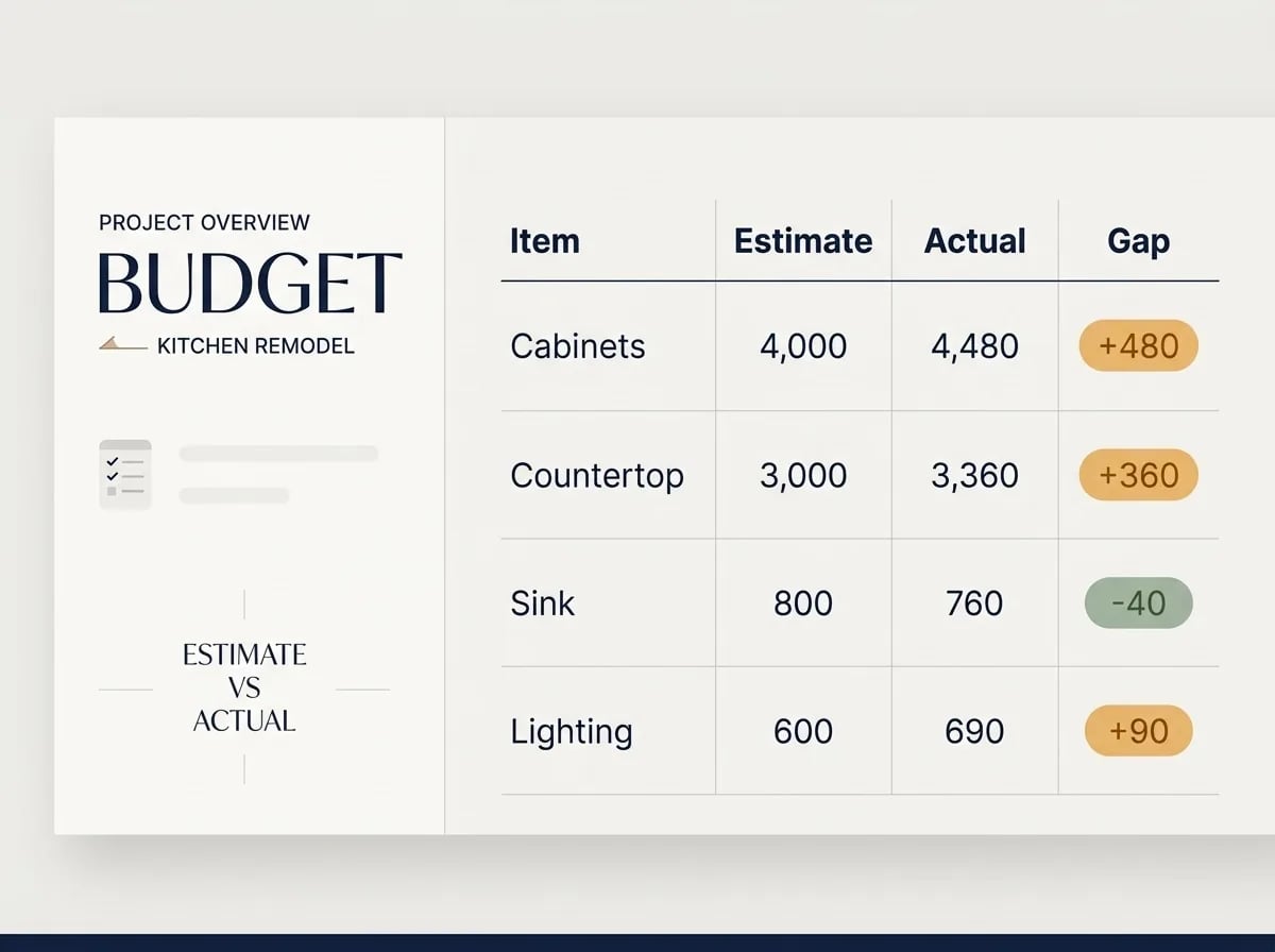 A budget table with Item, Estimate, Actual and Gap columns for cabinets, countertop, sink and lighting, with the overruns highlighted in amber
