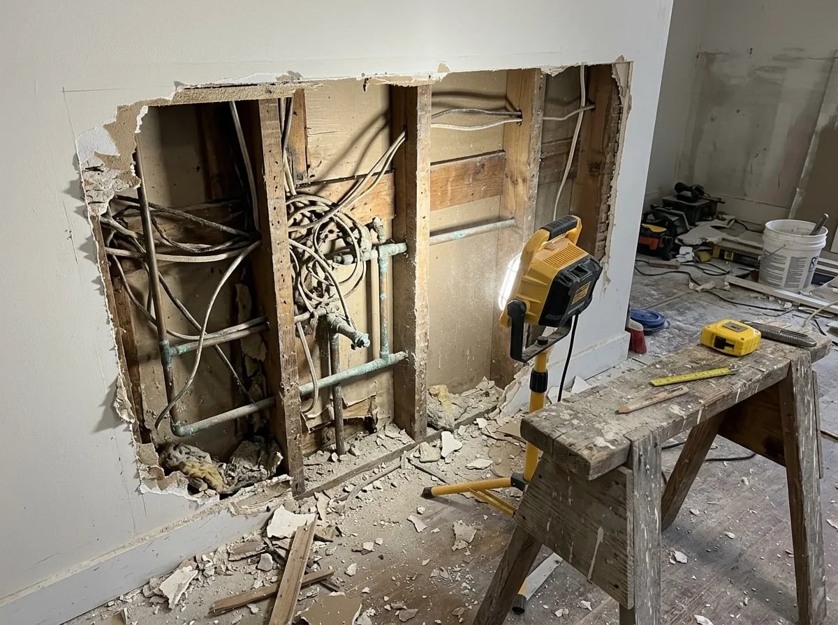 A wall opened during a renovation showing old wiring, copper pipes and wooden studs, with a work light and a tape measure on a sawhorse