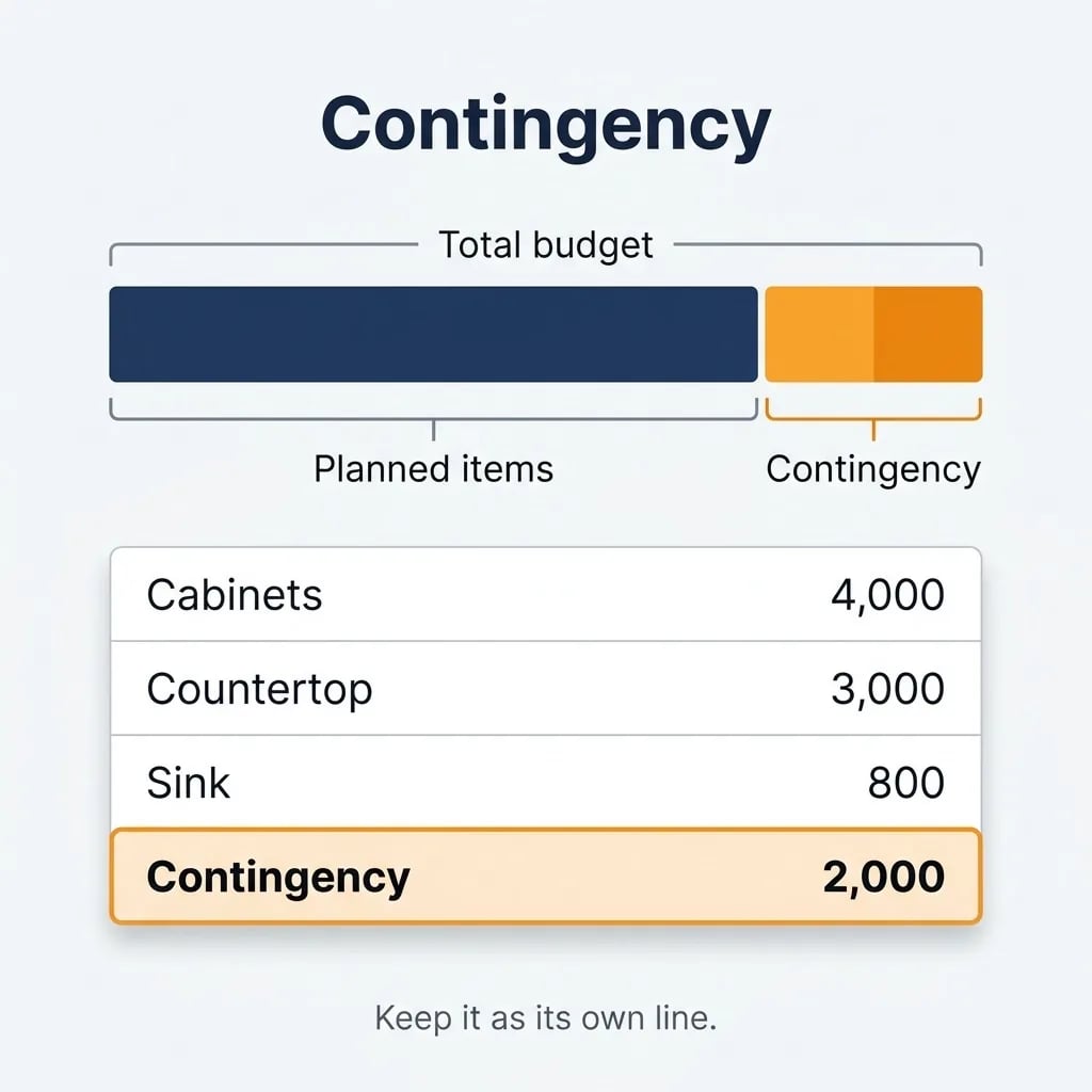 A stacked budget bar showing planned items and a separate contingency block, above a list of cabinets, countertop and sink with contingency highlighted as its own line