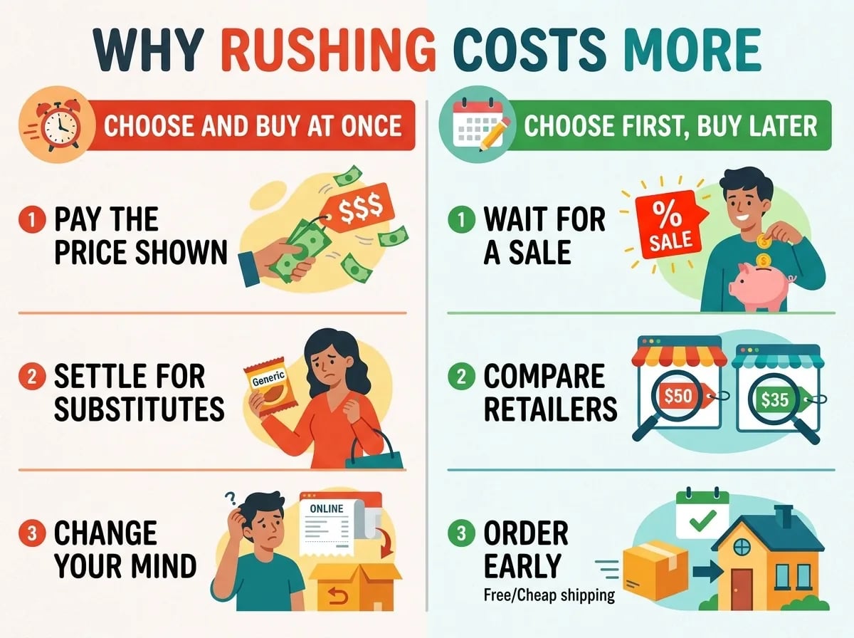 Two columns comparing 'Choose and buy at once' with 'Choose first, buy later' under the title 'Why rushing costs more'