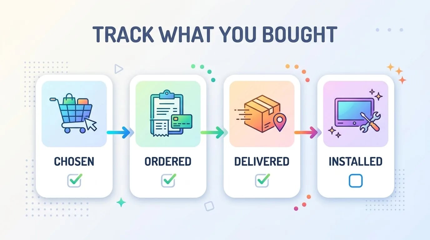 Four stages for tracking a purchase: Chosen, Ordered, Delivered and Installed, with checkboxes