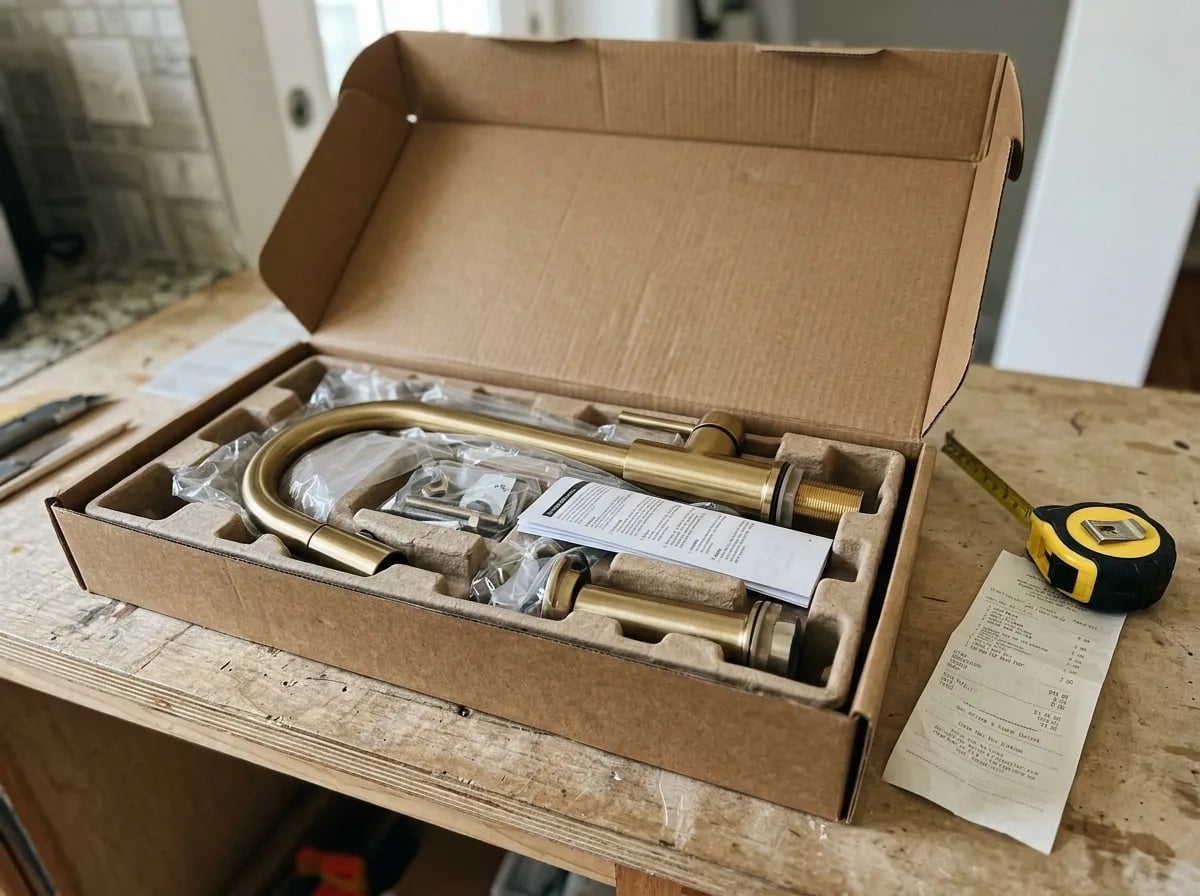 A brass kitchen faucet in an open cardboard box on a counter next to a tape measure and a receipt