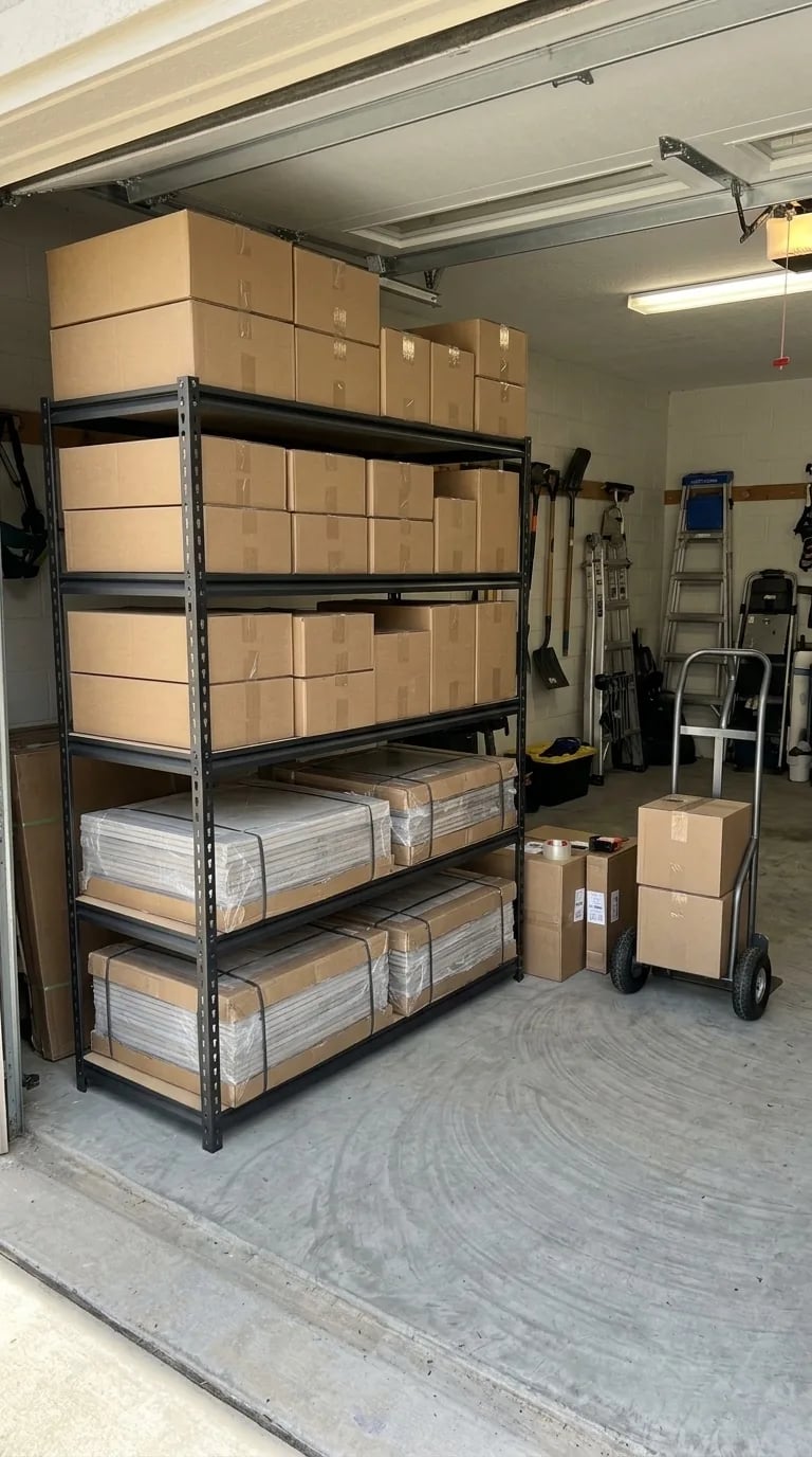 A tidy garage shelf stacked with cardboard boxes and wrapped tile, with a hand truck beside it