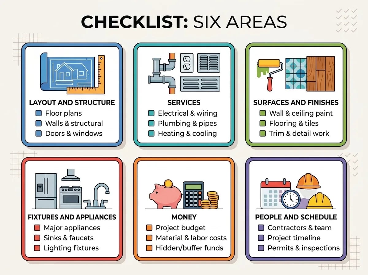 Six cards covering the checklist areas: layout and structure, services, surfaces and finishes, fixtures and appliances, money, and people and schedule
