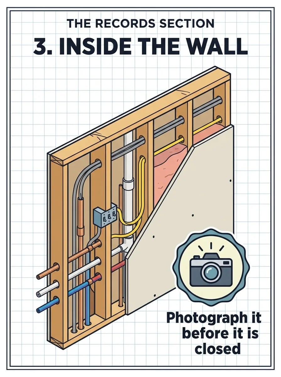 A cutaway of a wall showing studs, pipes, cables and insulation, with a camera badge and the advice to photograph it before it is closed