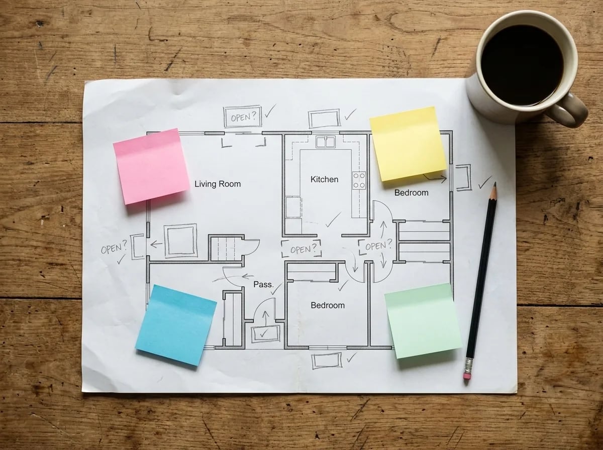 A floor plan on a wooden desk with blank colored sticky notes on some rooms, a pencil and a cup of coffee