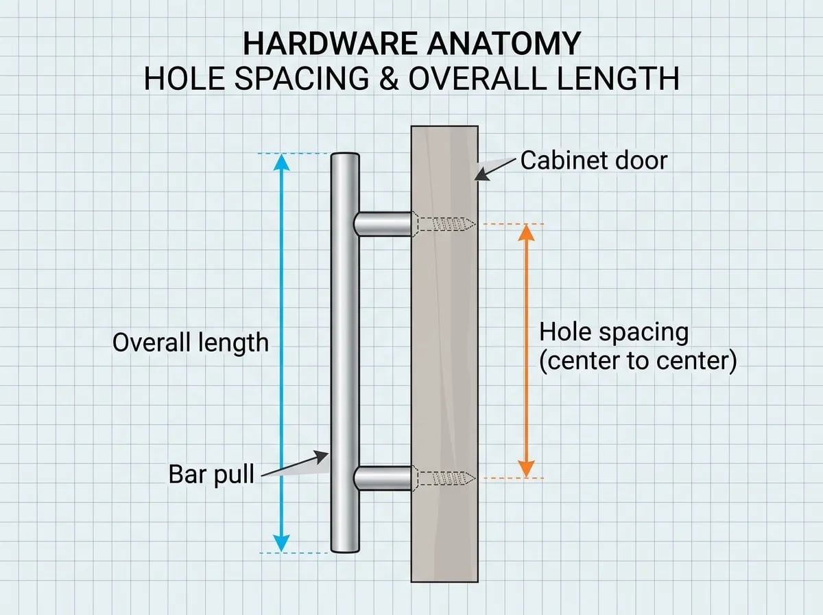 A side view of a bar pull on a cabinet door with arrows marking hole spacing from center to center and overall length