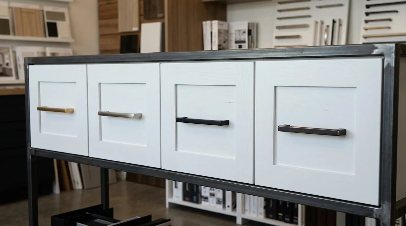 Four white cabinet drawer fronts in a showroom, each with a different pull in brass, brushed nickel, matte black and bronze