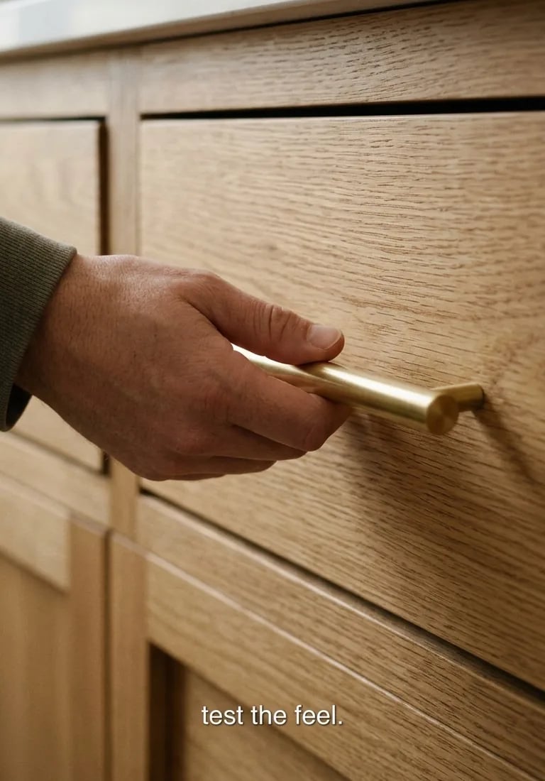 A hand gripping a brass bar pull on an oak drawer to test how it feels