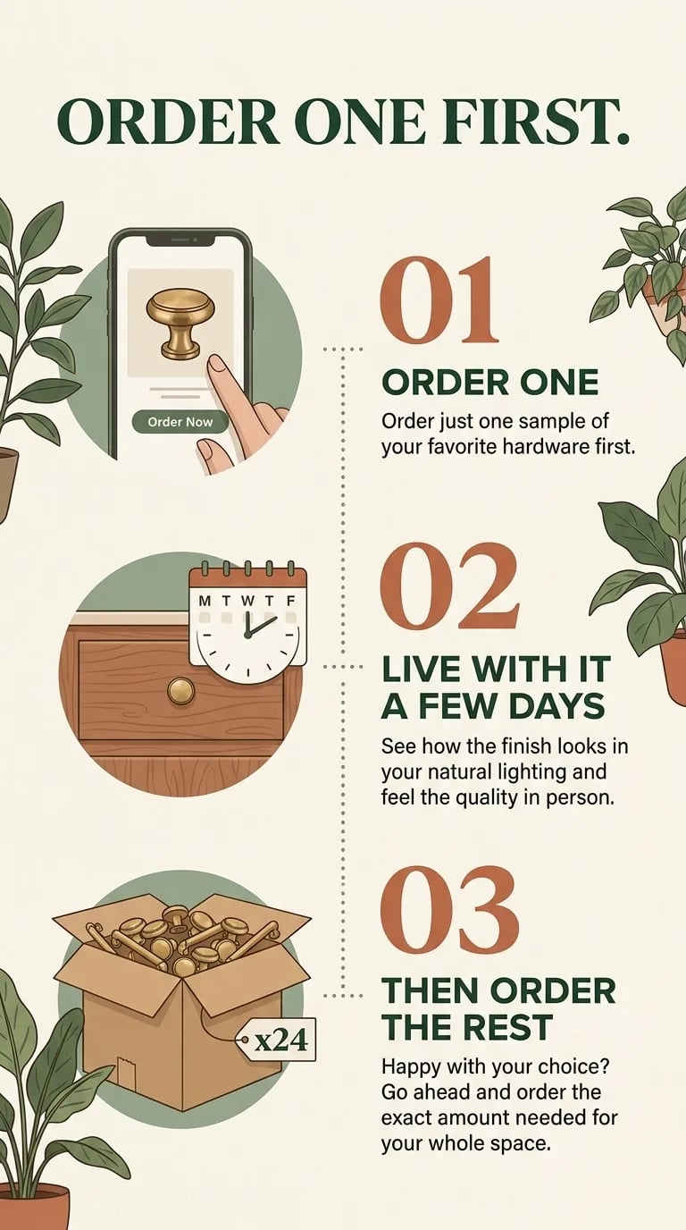 A three-step illustration: order one pull, live with it for a few days, then order the rest