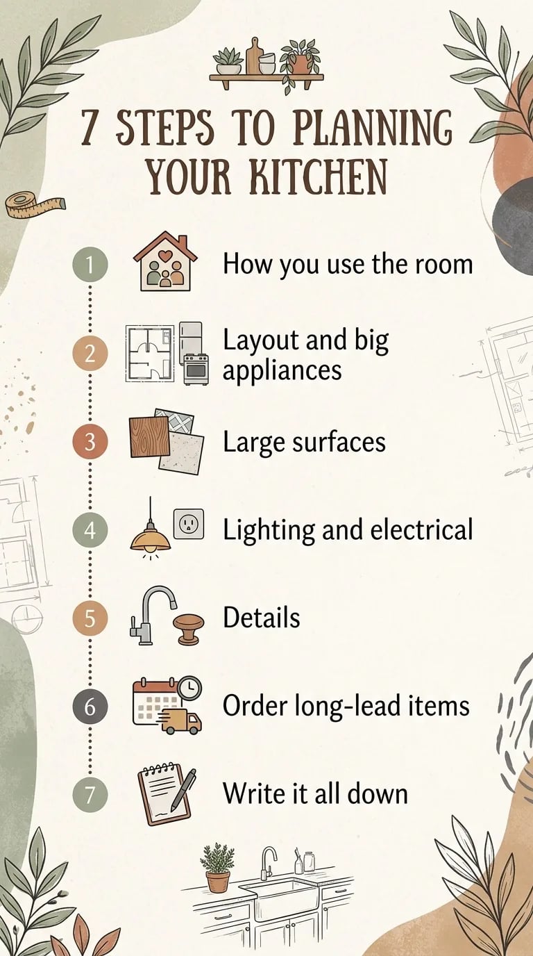 A vertical illustrated list of seven steps to planning a kitchen, from how you use the room to writing it all down