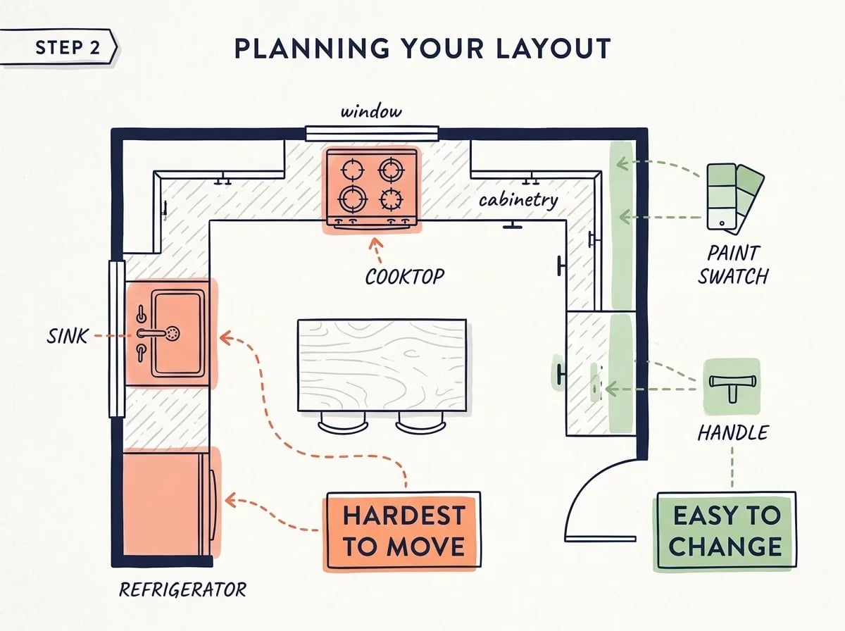 A top-down kitchen plan with the sink, cooktop and refrigerator marked 'Hardest to move' and a paint swatch and handle marked 'Easy to change'