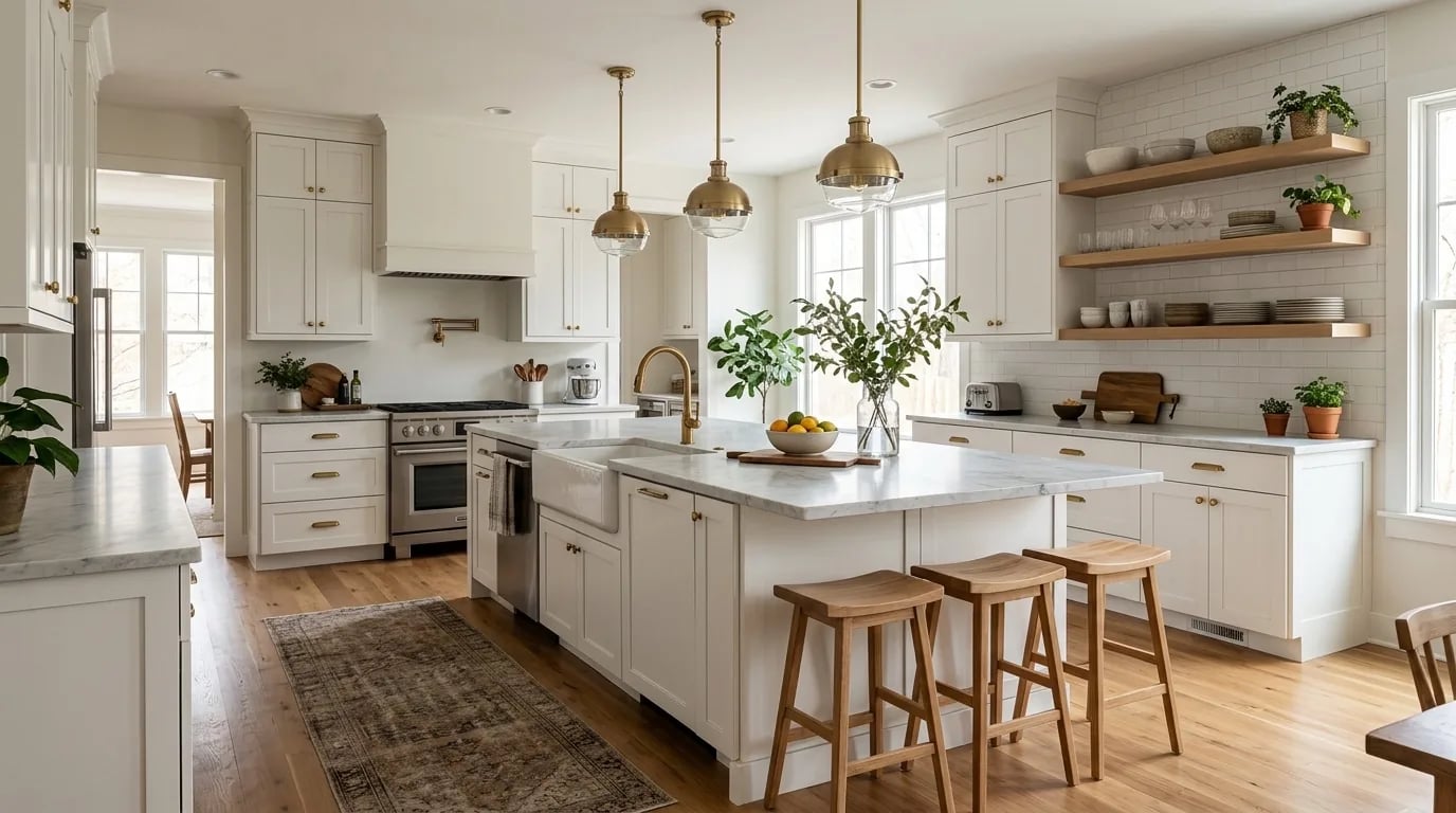A finished kitchen with white cabinets, a marble island with oak stools, brass pendant lights and open wooden shelves
