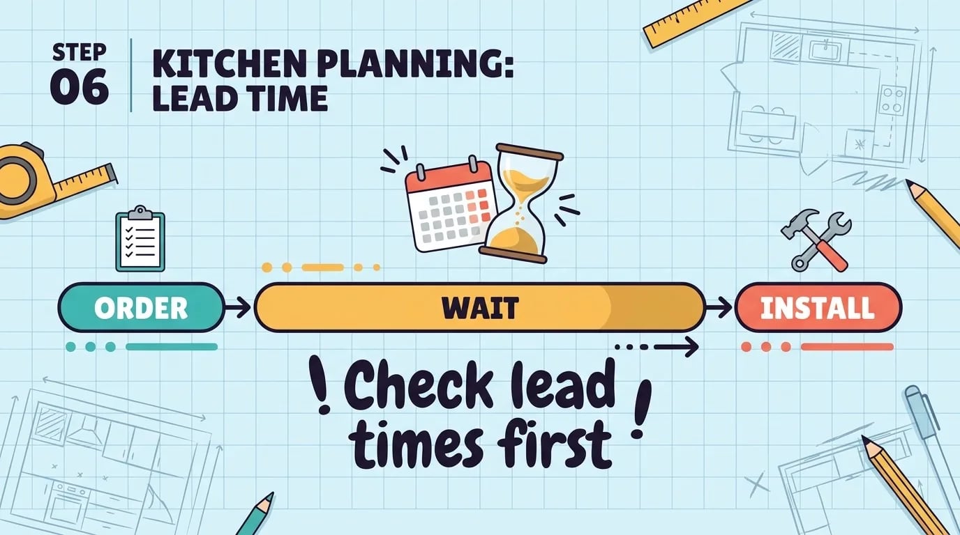 A timeline with three stages, Order, a long Wait and Install, and the reminder to check lead times first