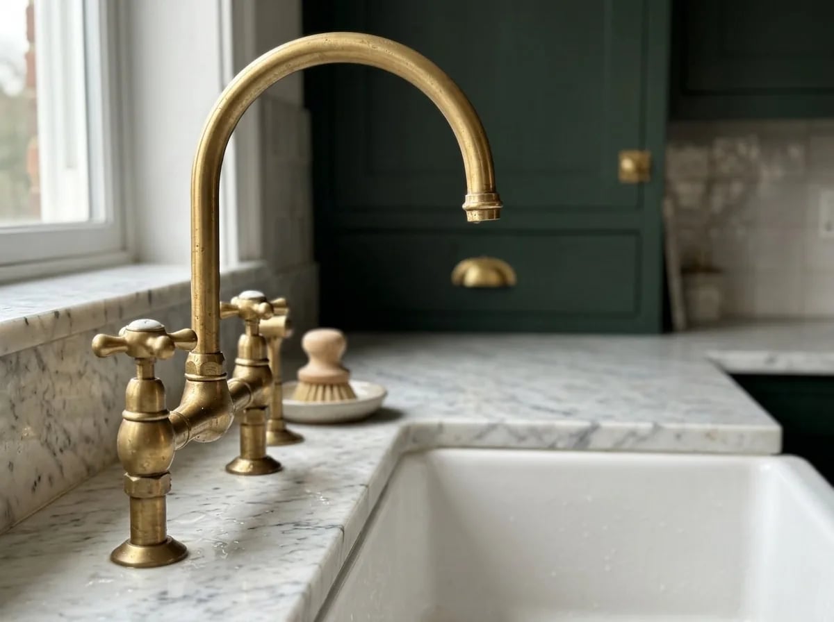 A brass bridge faucet beside a white farmhouse sink on a marble countertop, with deep green cabinets behind