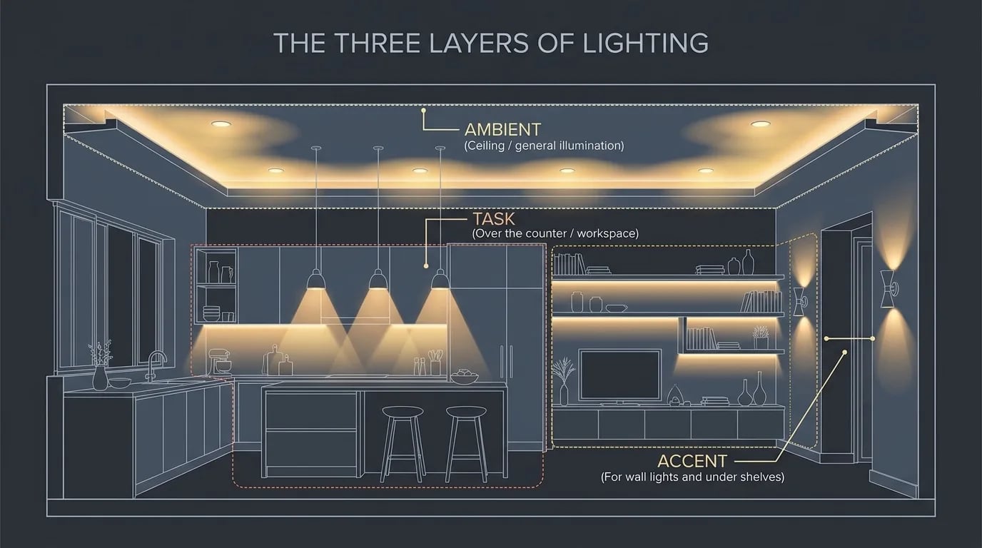 A cutaway of a kitchen showing ambient light at the ceiling, task light over the counter and accent light on shelves and walls