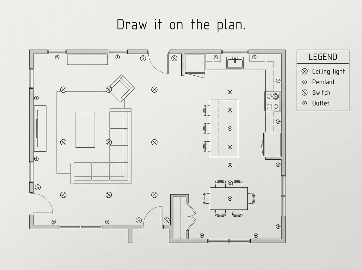 A top-down floor plan of a living room and kitchen marked with ceiling lights, pendants, switches and outlets, with a legend