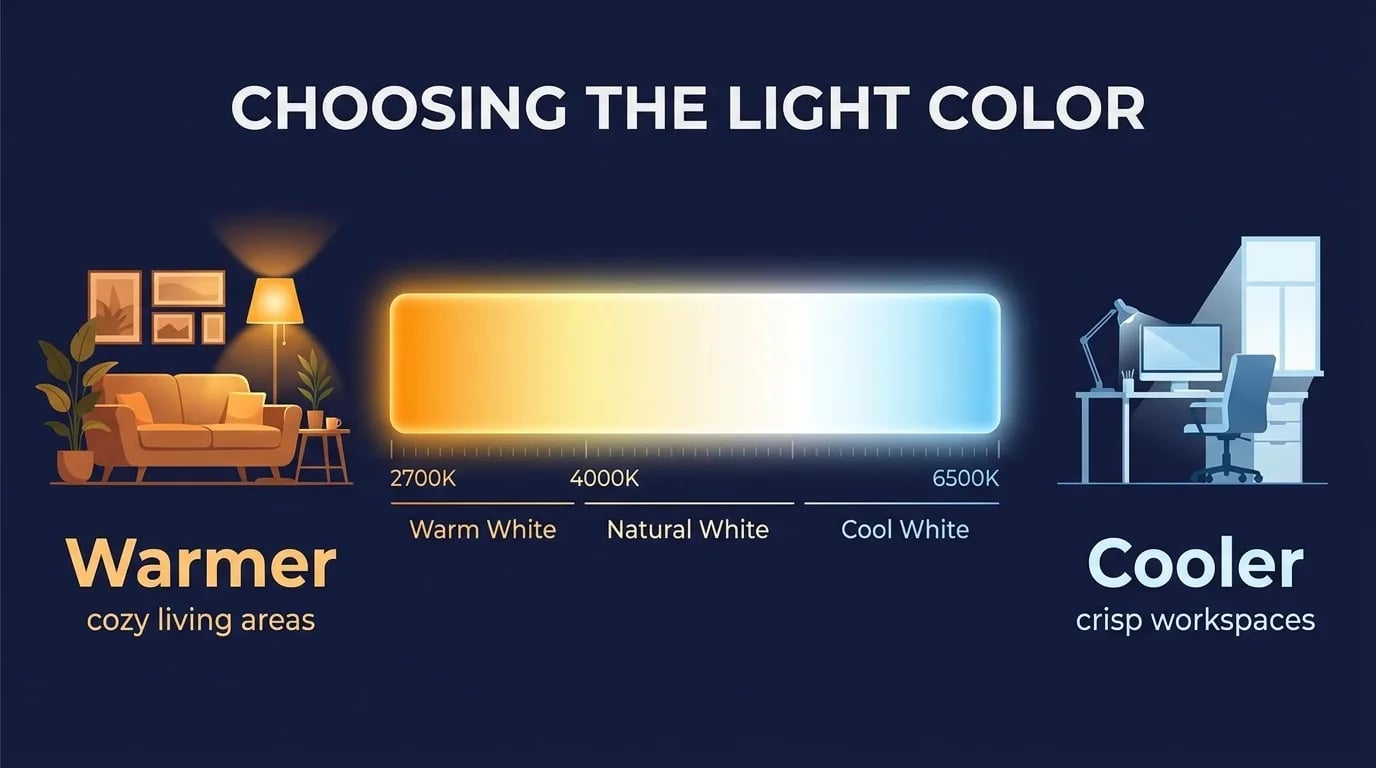 A warm-to-cool light color scale from 2700K to 6500K, with warmer light for cozy living areas and cooler light for crisp workspaces