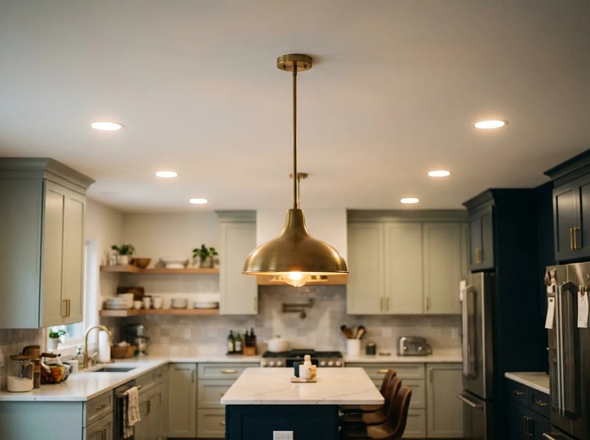 A renovated kitchen with recessed ceiling lights and a brass pendant over an island, lit warmly