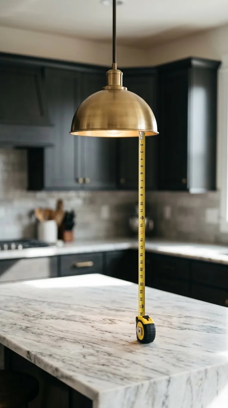 A brass pendant light over a marble island with a tape measure stood on the counter to show hanging height