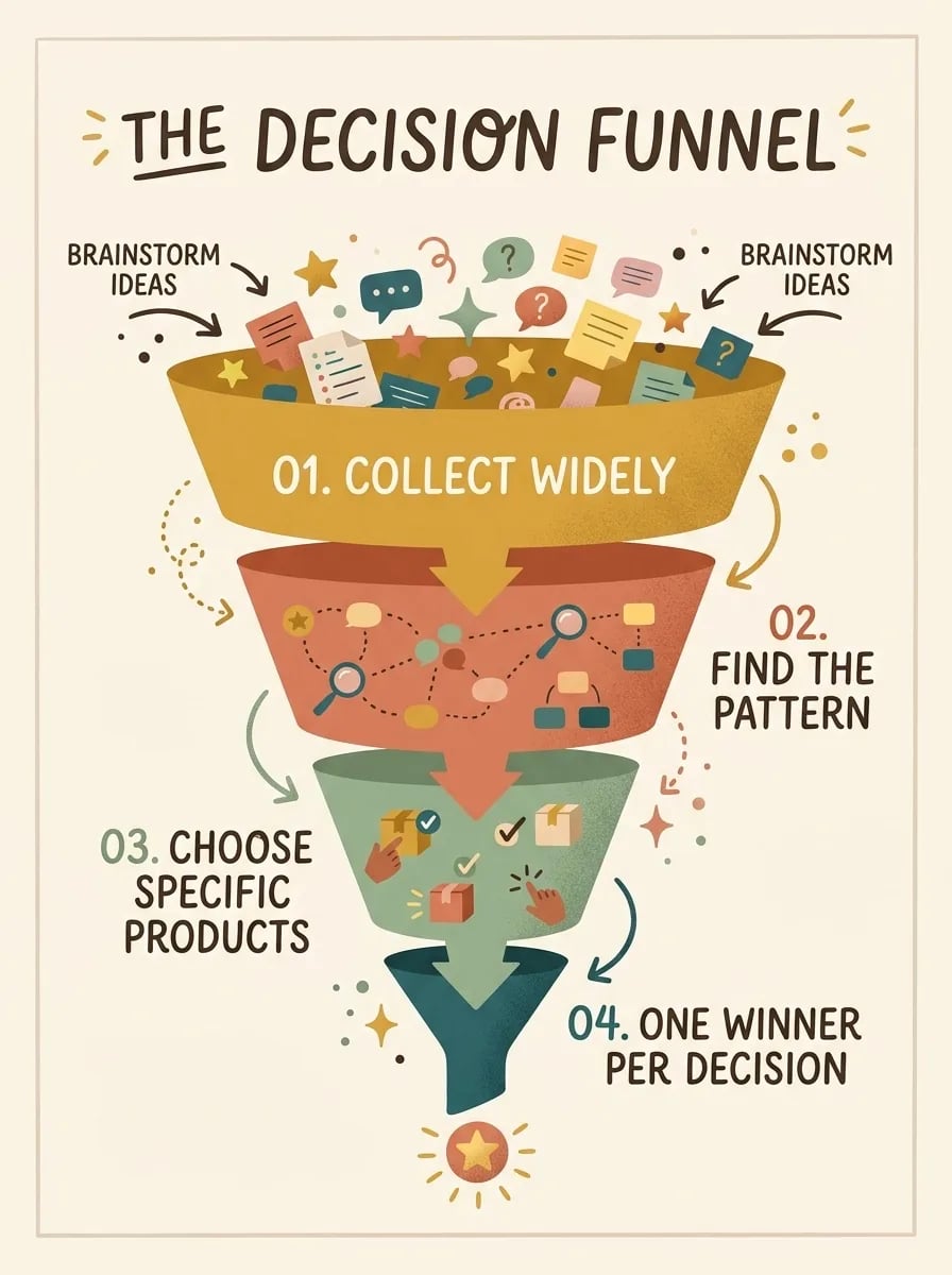 A funnel with four stages: collect widely, find the pattern, choose specific products, one winner per decision