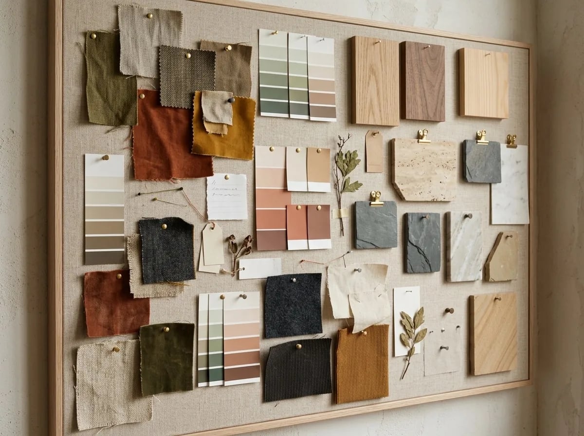 A wall pinboard covered with fabric swatches, paint cards, wood and stone samples and dried leaves
