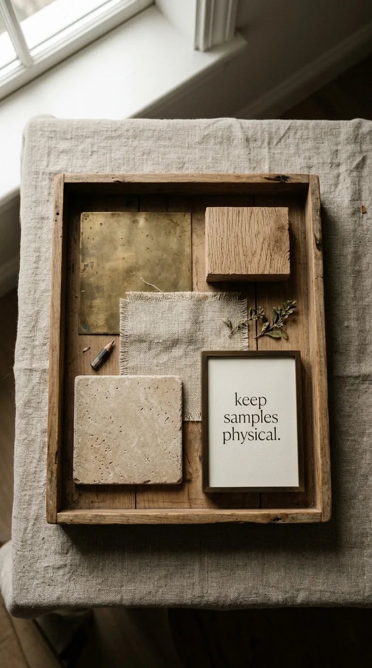 A wooden tray holding a brass plate, an oak sample, a linen swatch and a stone tile, with a card reading 'keep samples physical'
