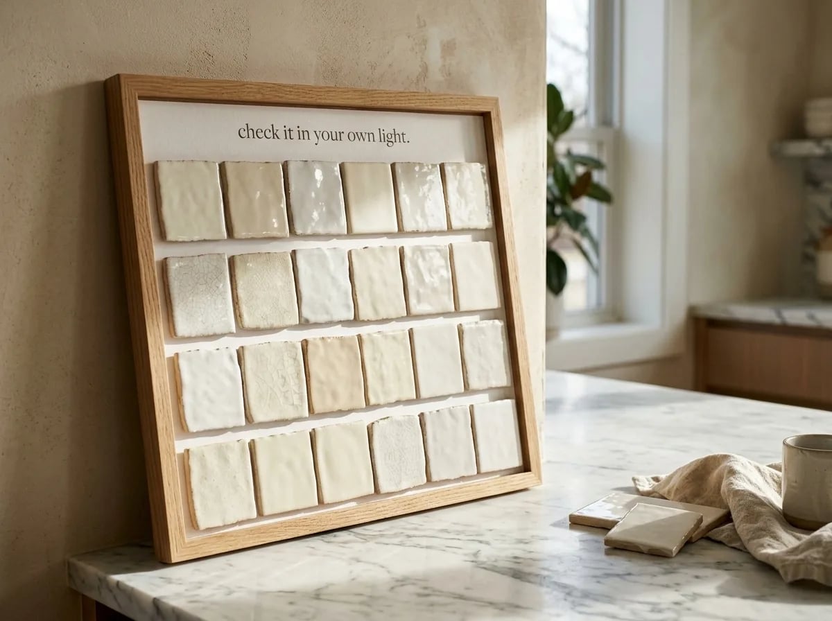 A framed board of handmade cream ceramic tile samples on a marble counter in bright window light, labeled 'check it in your own light'