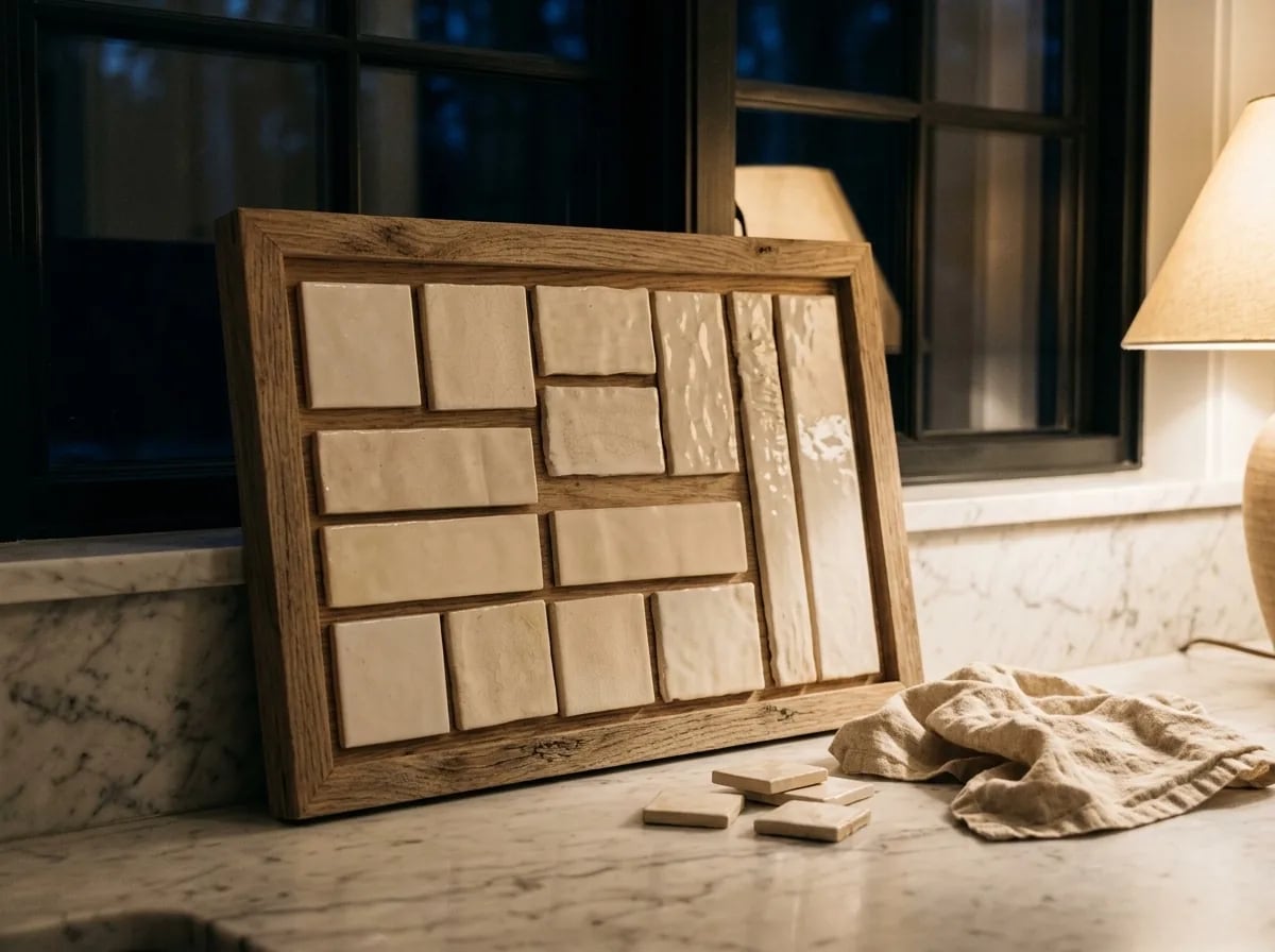 A rough oak frame holding handmade cream tile samples, leaning on a marble counter beside a window and lit warmly by a table lamp in the evening