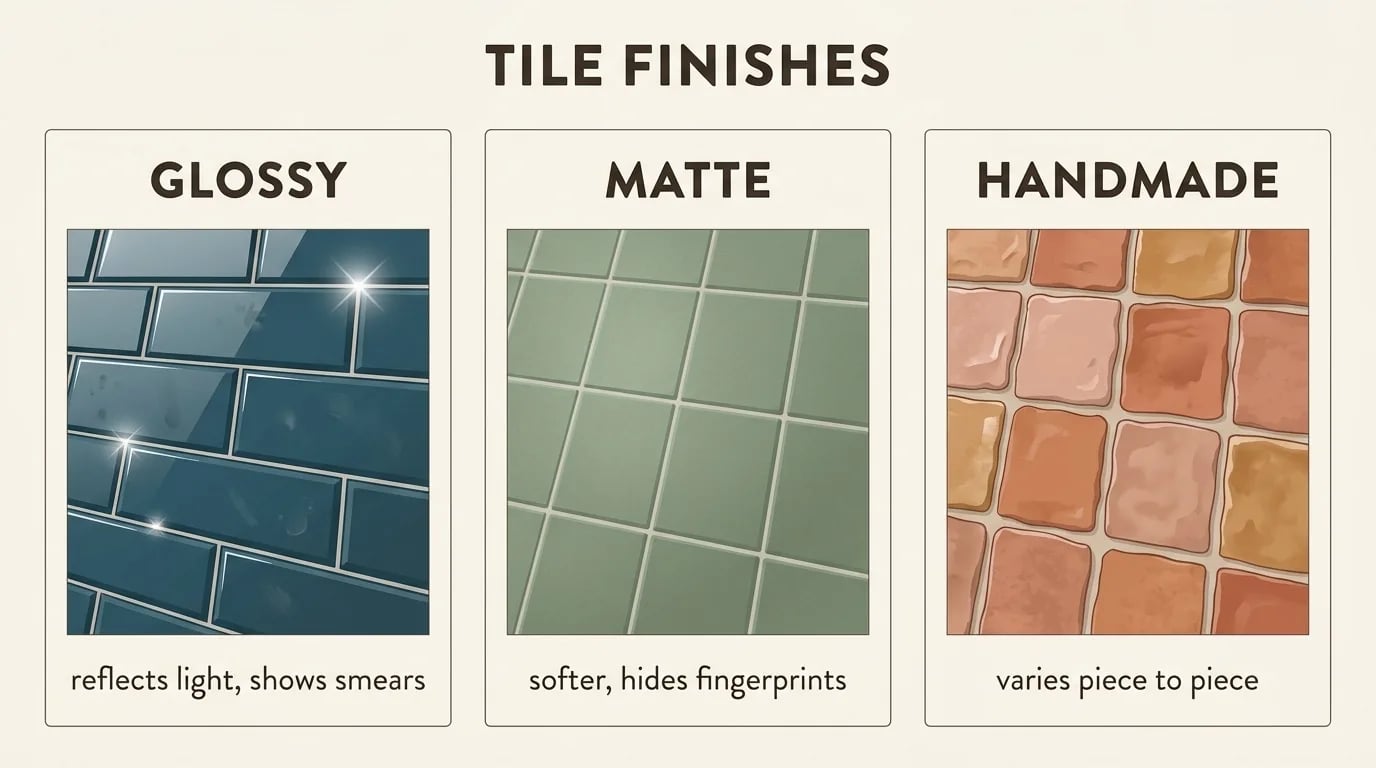 Three tile finishes compared: glossy reflects light and shows smears, matte is softer and hides fingerprints, handmade varies piece to piece