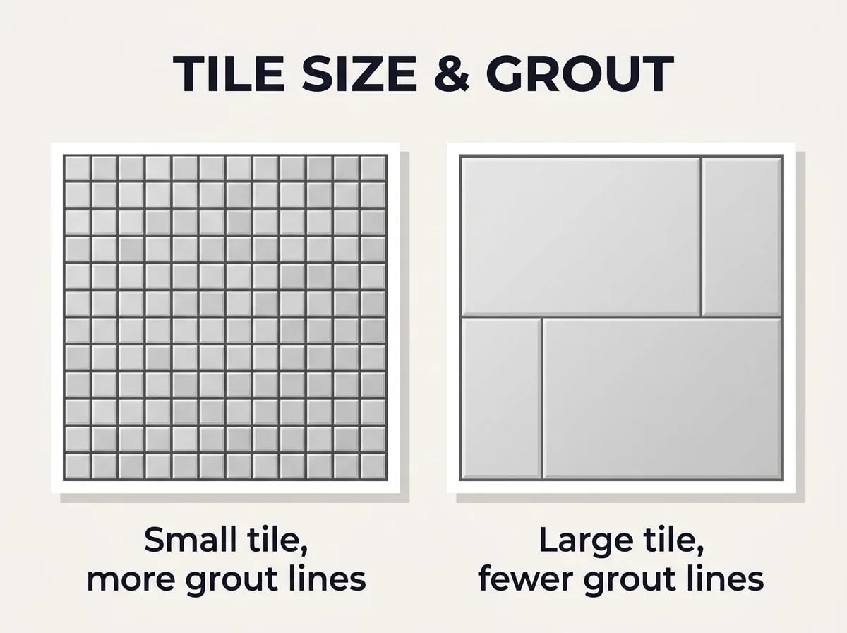 Two wall swatches: small tile with many grout lines on the left, large tile with few grout lines on the right